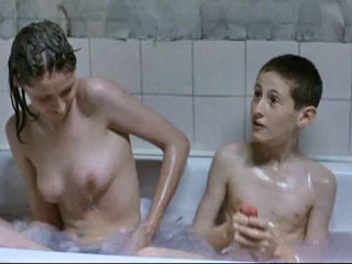 Older sister and younger brother naked in the bathroom 